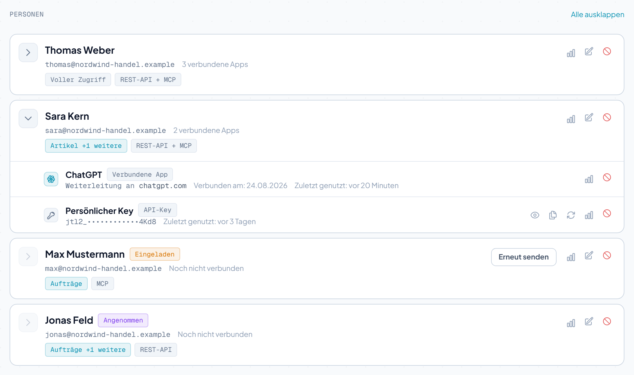 Der Reiter Schlüssel im SQL2REST-Dashboard mit der Zugriffsliste aus Personen, verbundenen Apps und Schlüsseln