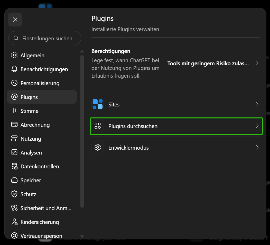 Der Bereich „Plugins“ in den ChatGPT-Einstellungen mit dem Eintrag „Plugins durchsuchen“