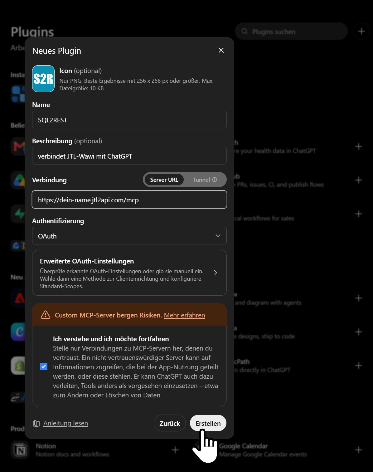 Das Fenster „Neues Plugin“ mit dem Namen SQL2REST, der eingetragenen Serveradresse auf /mcp und der Authentifizierung OAuth