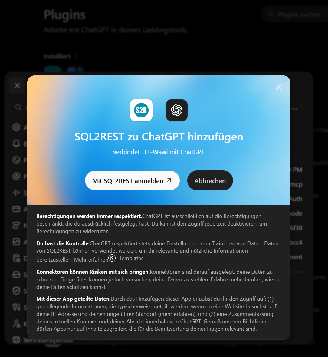 Der ChatGPT-Dialog „SQL2REST zu ChatGPT hinzufügen“ mit dem Button „Mit SQL2REST anmelden“