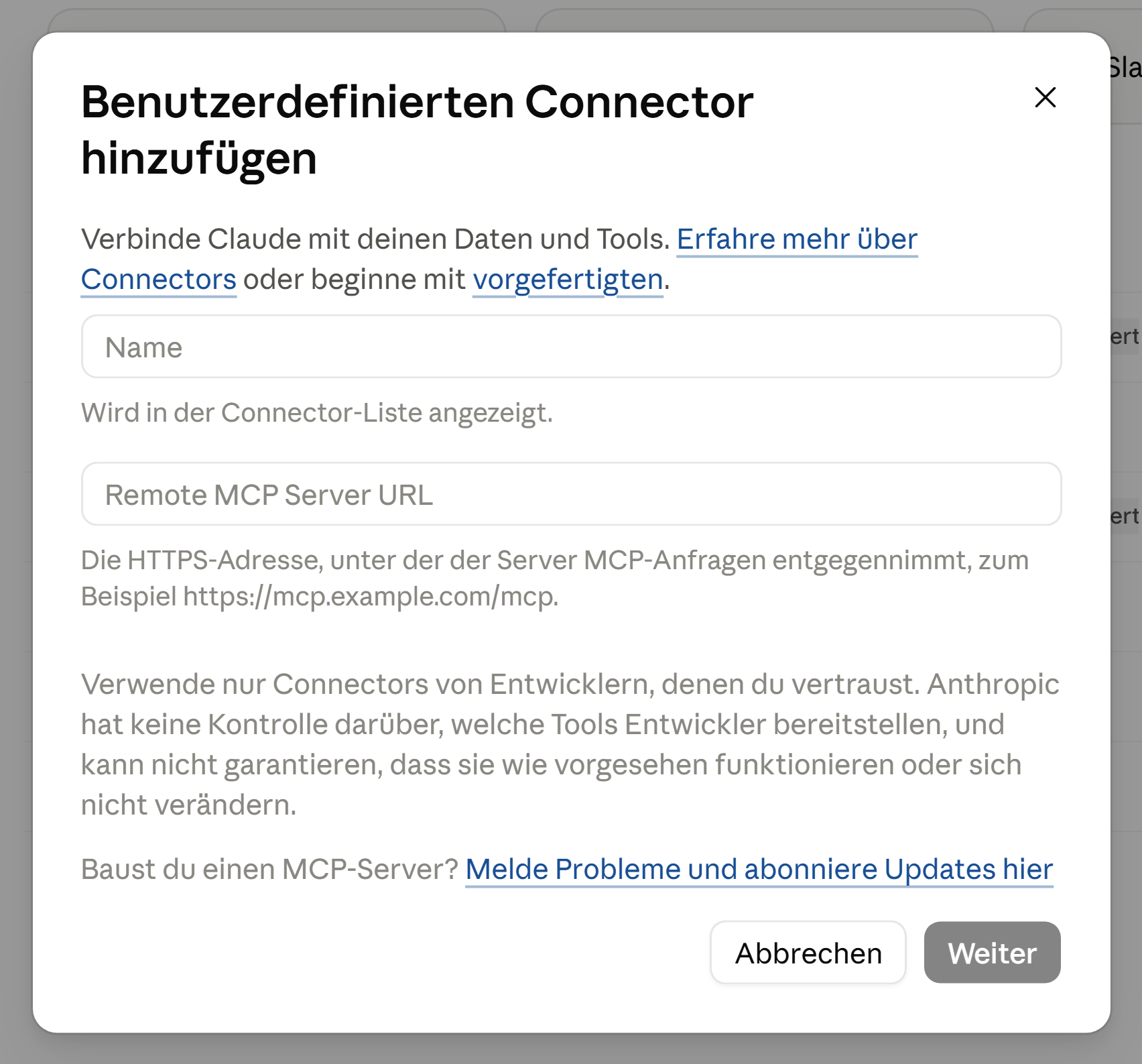 Der Connectors-Bereich in den Claude-Einstellungen mit dem Button zum Hinzufügen eines eigenen Connectors