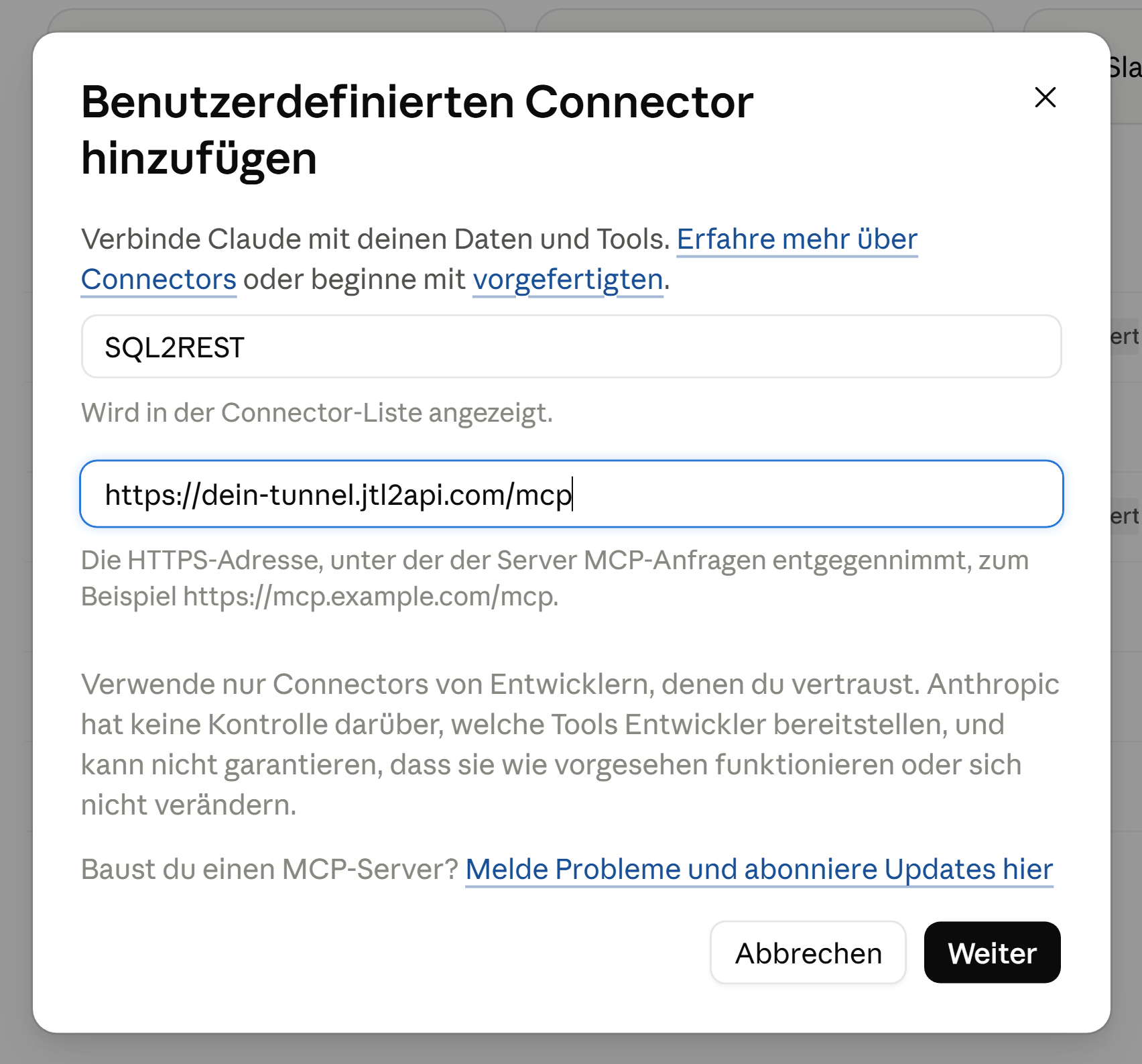 Der Dialog zum Hinzufügen eines Connectors mit eingetragener SQL2REST-Adresse, die auf /mcp endet