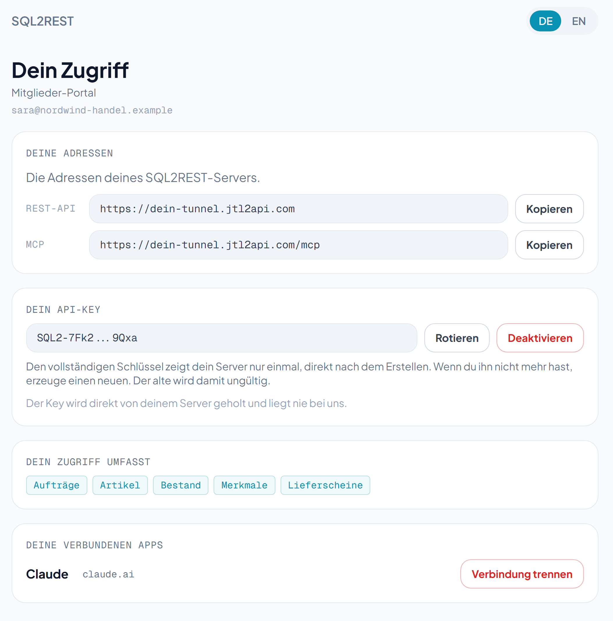Das SQL2REST-Mitglieder-Portal mit der REST-API- und der MCP-Adresse und je einem Kopieren-Button
