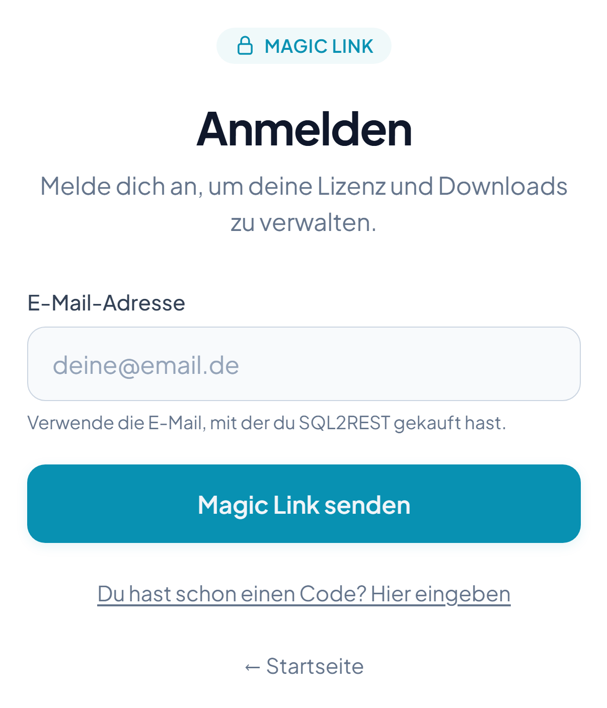 Die SQL2REST-Anmeldeseite mit dem Feld für die E-Mail-Adresse und dem Button „Magic Link senden“