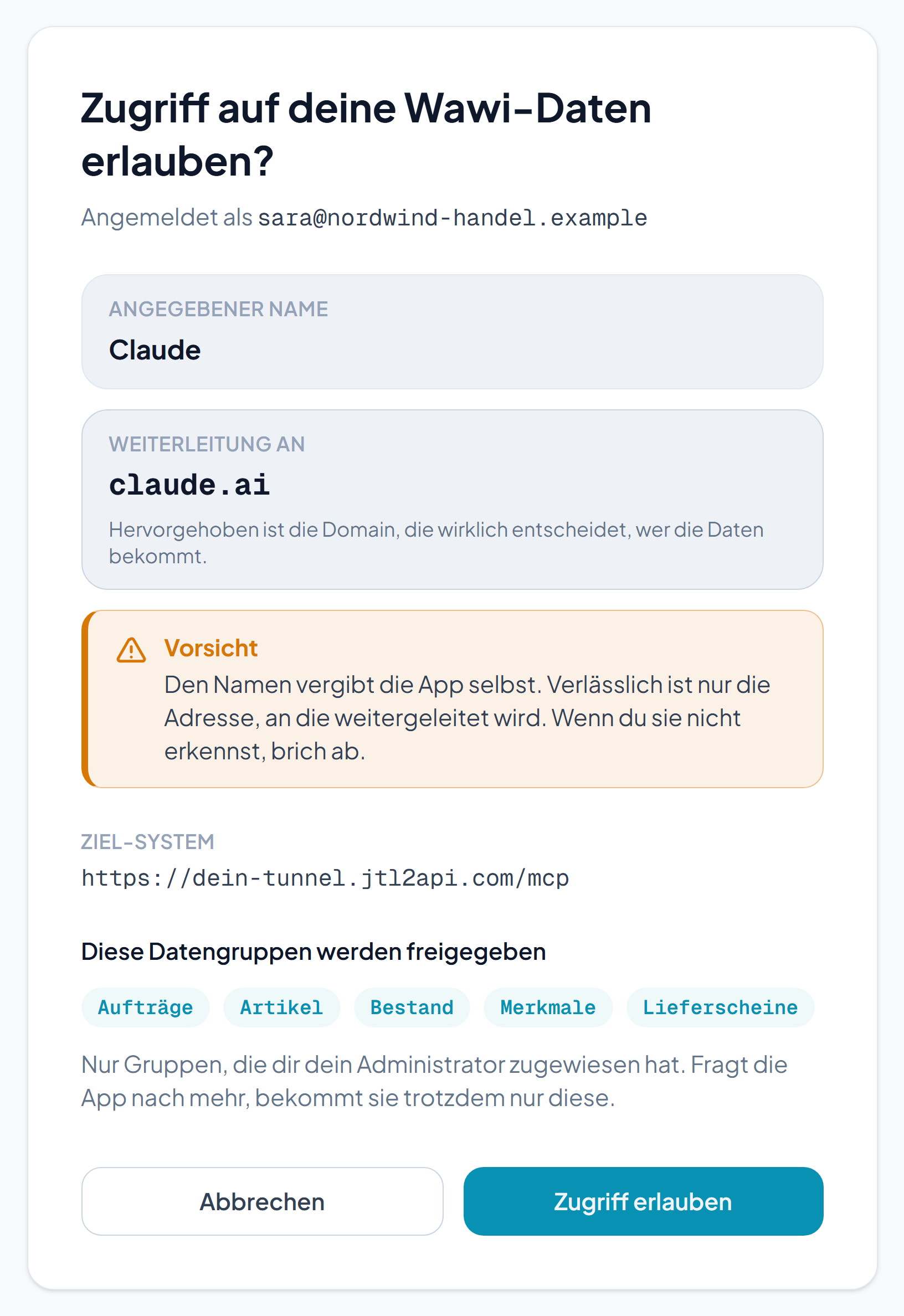 Die SQL2REST-Freigabeseite mit dem angemeldeten Konto, dem Zielsystem und der Liste der freigegebenen Datenbereiche