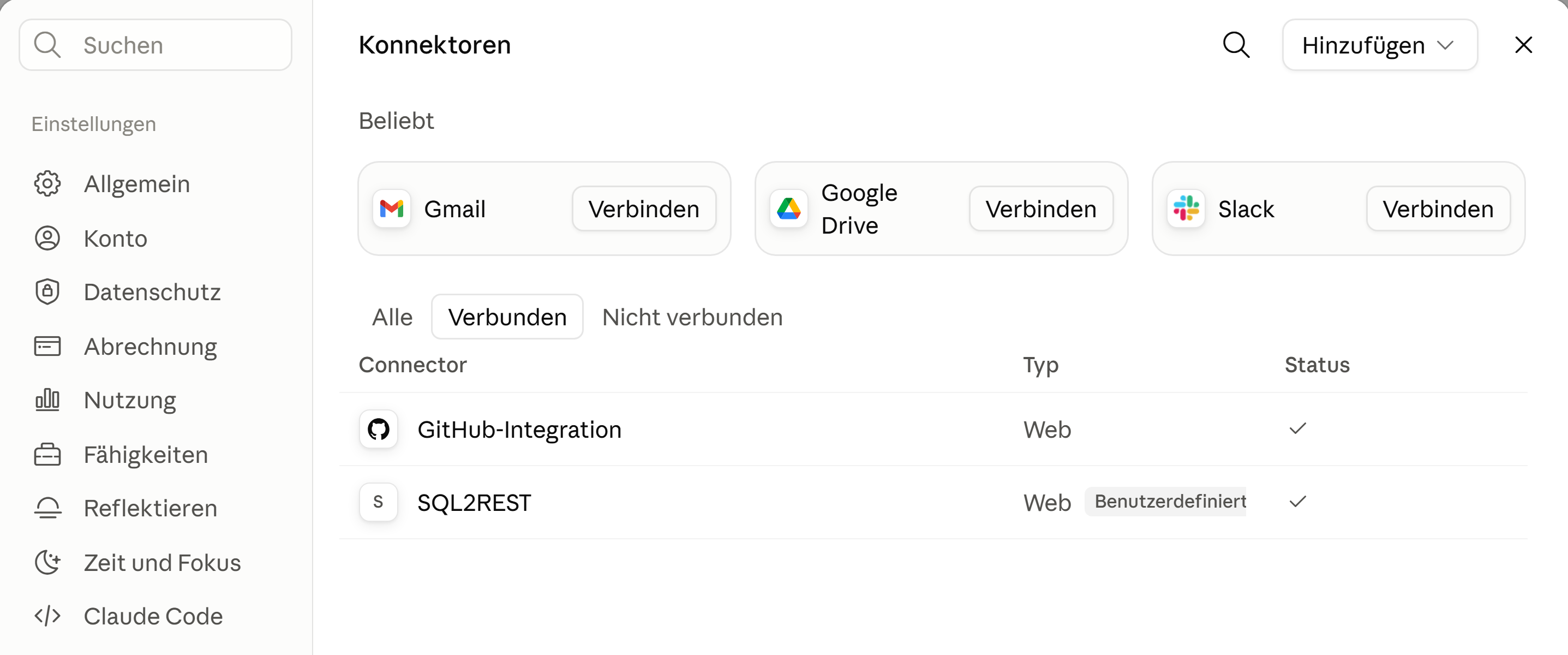 Die Connector-Liste in Claude mit SQL2REST als verbundenem Connector