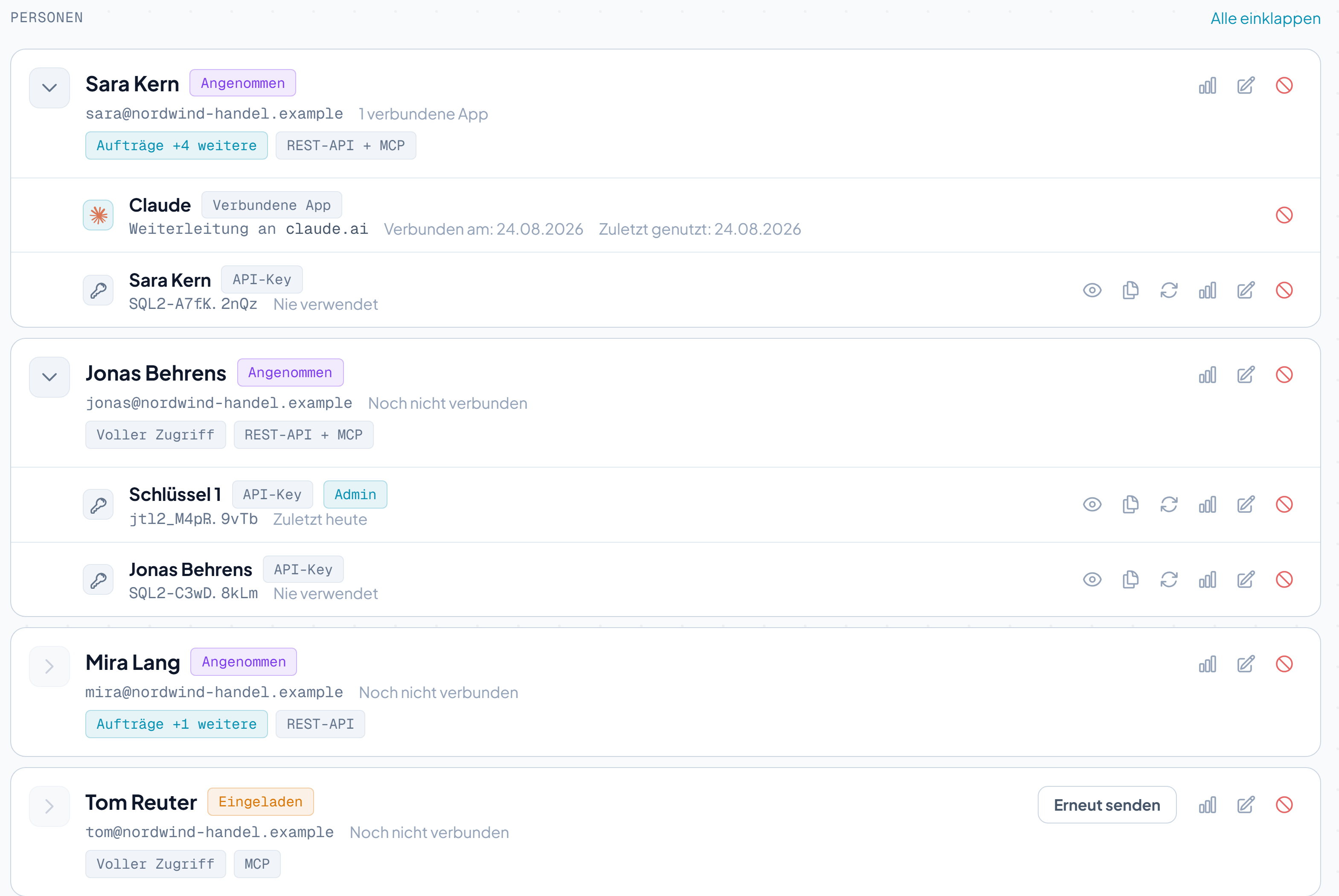 Der Reiter Schlüssel im SQL2REST-Dashboard mit der Zugriffsliste aus Personen, verbundenen Apps und Schlüsseln