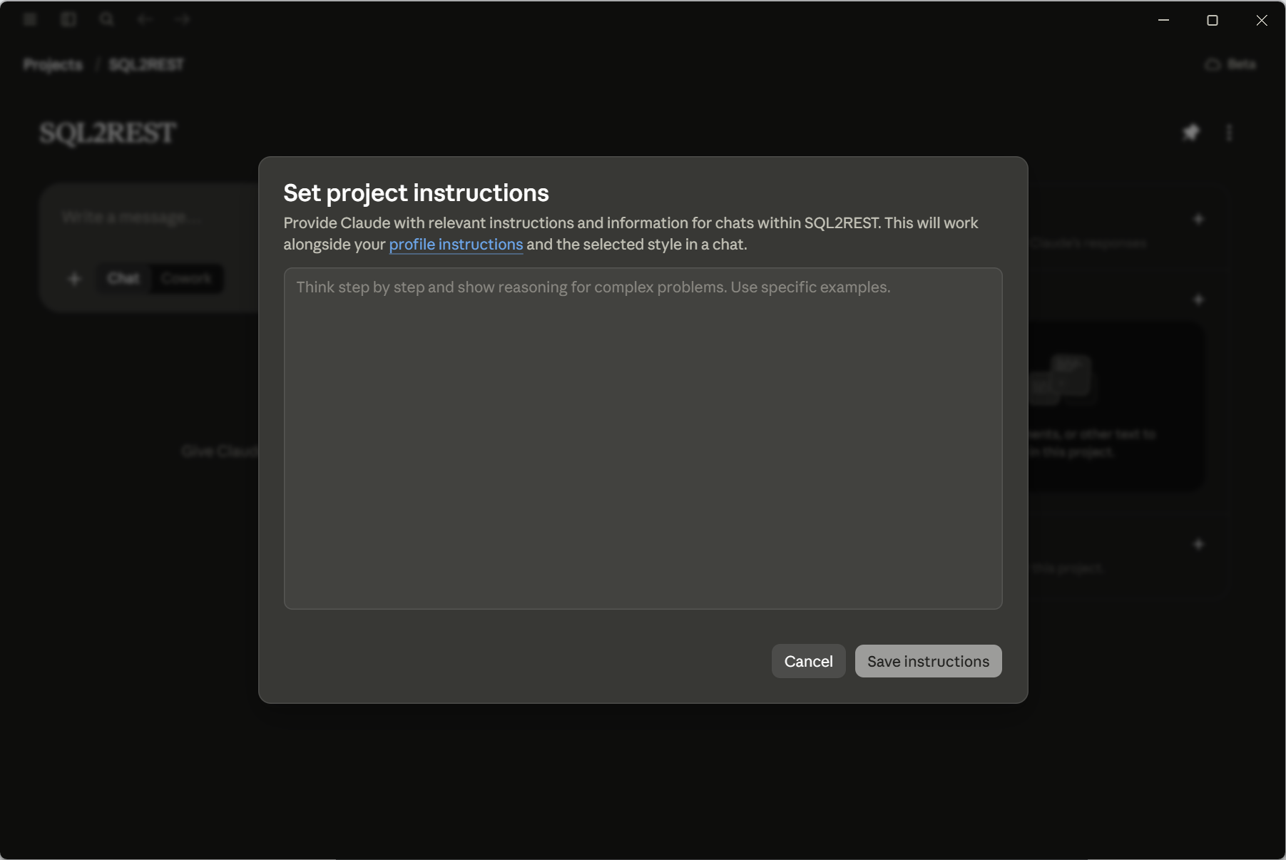 Dialog „Set project instructions